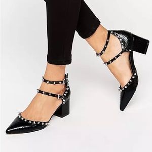 ASOS Black Croc Embossed Studded Ankle Strap Block Heel Pumps Size 9.5